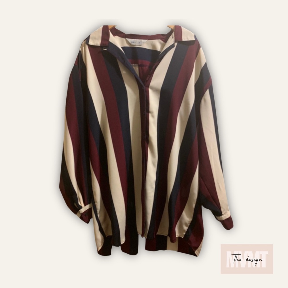 BHS London | Vintage Striped Button Down Tunic Blouse | Black, Cream | Size 16